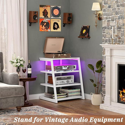 Armocity 4-Tier AV Media Stand with Power Strips, Stereo Stand with LED Lights, Audio Tower Rack with Adjustable Shelves, Small Entertainment Center, 30'', White