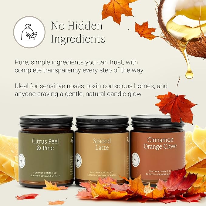 Fontana Candle Co Wood Wick Beeswax Jar Candles - 3-Jar Fall Bundle - Made with Coconut Oil & Pure Essential Oils – Clean Burn, Long Lasting and Non-Toxic Candles for Home & Room Decor