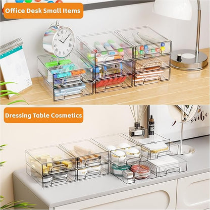Yieach 2.2'' Tall Acrylic Clear Stackable Storage Drawer Organizer,8 Pack Desk Organization and Storage,Plastic Office Supply Organizer,Drawer Storage Organizer for Makeup,Accessory,Pen,Art Crafts
