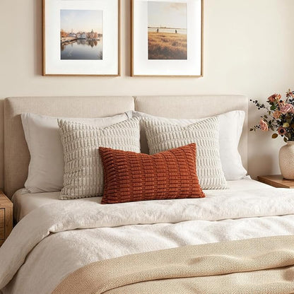 MIULEE Pack of 2 Rust Corduroy Decorative Lumbar Pillow Covers 20x12 Inch Soft Boho Striped Throw Pillow Covers Modern Farmhouse Home Decor for Summer Sofa Living Room Couch Bed