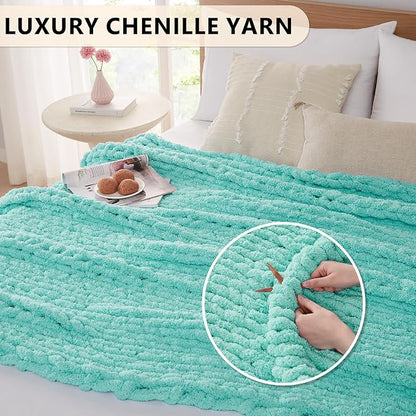 L'AGRATY Chunky Knit Blanket Throw: 50''x60'' Chenille Chunky Knitted Throw Blanket for Bed Couch - Handmade Thick Big Cable Knit Blanket - Large Crochet Rope Blankets for Home Decor(Lake Blue)