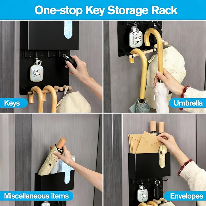 Magnetic Key Holder & Umbrella Holder for Wall, Multi-Functional Entryway Shelf for Tissues. Sturdy Hooks for Keys, Bags. Space Saving Organizer for Apartment, Dorm Room (Black)