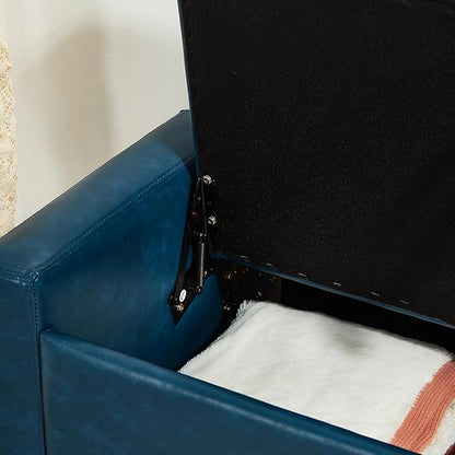 Furniliving Storage Bench, 48‘’ Upholstered PU Leather Ottoman Bench with Button-Tufted, Folding Bedroom Bench with Wood Legs, Entryway Bench for Bedroom, Navy Blue