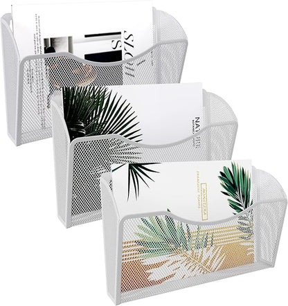 EasyPAG Wall File Organizer 3 Pack, Hanging File Organizer Wall Mount, Metal Mesh Folder Holder for Letter/A4 Papers, Mail Sorter for Office, Classroom, Home, White
