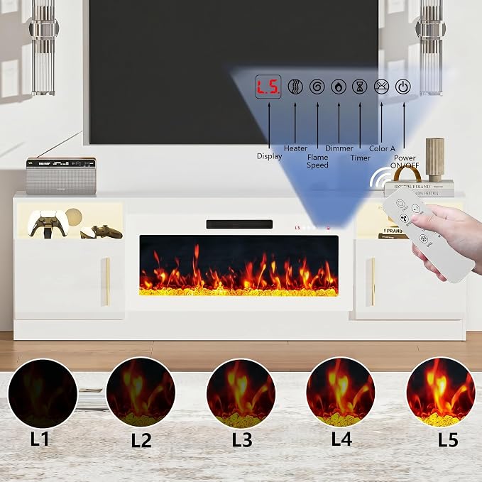 PRETZI Fireplace TV Stand with 36" Fireplace Up to 80" TVs,70" Entertainment Center with LED Lights,Remote Control,TV Media Console with Storage Cabinets for Living Room, White+White