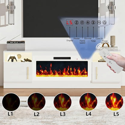 PRETZI Fireplace TV Stand with 36" Fireplace Up to 80" TVs,70" Entertainment Center with LED Lights,Remote Control,TV Media Console with Storage Cabinets for Living Room, White+White