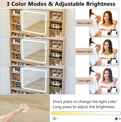 43.3" Fluted Vanity Desk with Mirror and Lights, Wood Makeup Vanity Desk with Charging Station & Mobile Mirror, Modern Dressing Table with Adjustable Shelves & Jewelry Hooks for Girls, Women, Oak
