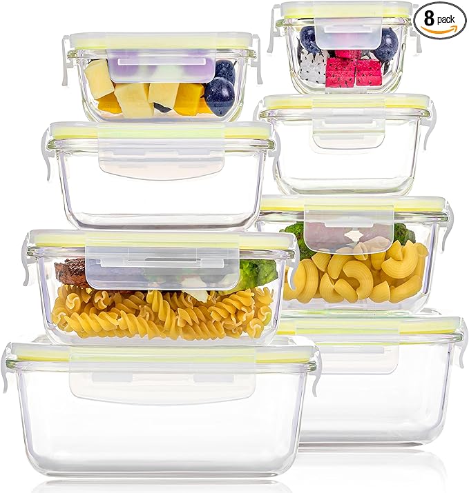 Vtopmart 8 Pack Glass Food Storage Containers with Lids (Yellow)