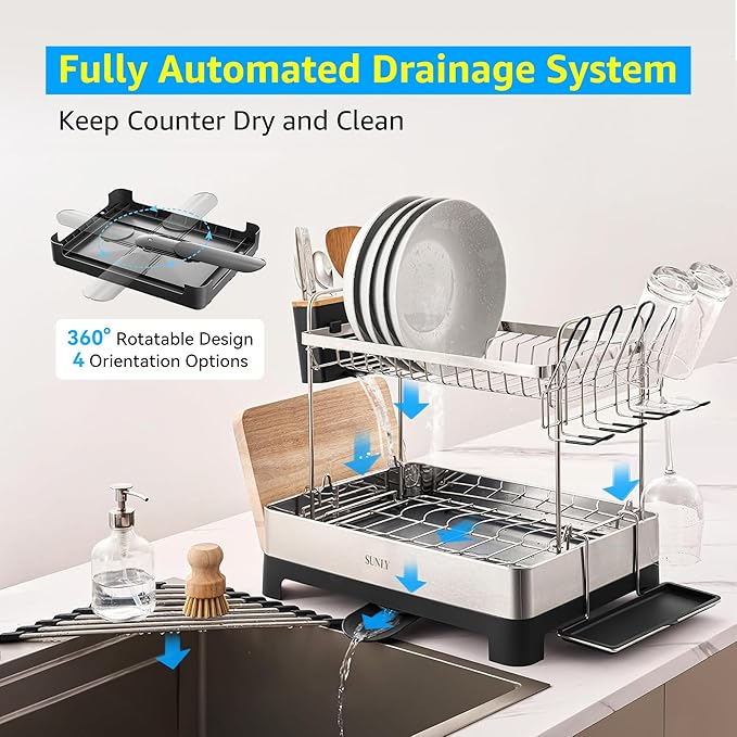 SUNLY 2 Tier Dish Drying Rack, Extra Large Dish Rack, Multifunctional Large Dish Drainers for Kitchen Counter, 304 Stainless Steel Kitchen Drying Rack, Bowl Drying Rack, Extendable Drain Spout, Black