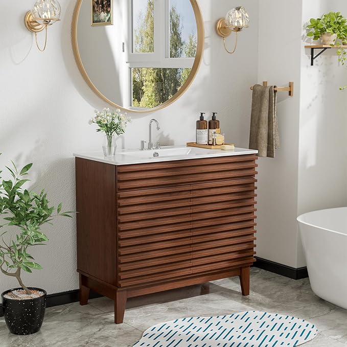 ROOMTEC 36" Bathroom Vanity with Sink, Mid-Century Freestanding Bathroom Vanity Sink with Storage, Undermount Ceramic Sink, Particleboard Frame with Wood Grain Laminate, Walnut