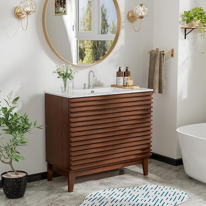 ROOMTEC 36" Bathroom Vanity with Sink, Mid-Century Freestanding Bathroom Vanity Sink with Storage, Undermount Ceramic Sink, Particleboard Frame with Wood Grain Laminate, Walnut
