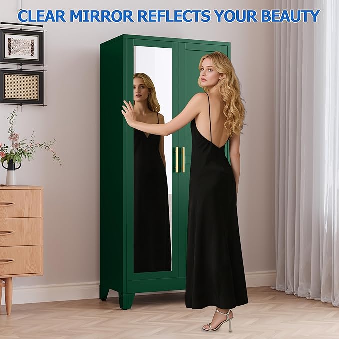 Metal Wardrobe Cabinet with Mirror and Hanging Rod, 71" Metal Clothing Storage Cabinets with 2 Doors and Adjustable Shelves, Green Armoire Wardrobe Closet for Bedroom, Laundry Room, Cloak Room