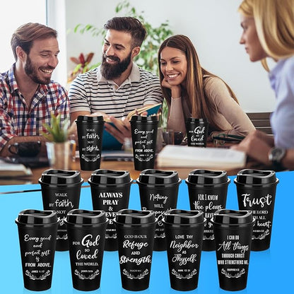 Skylety 20 Pack Christian Gifts for Men Women 16oz Reusable Bible Verse Tumbler Bulk Plastic Coffee Cups with Lids Inspirational Religious Church Gifts for Valentine Easter Birthday (Black)