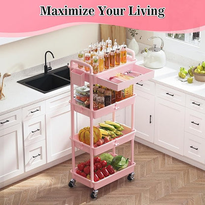 SUNALLY 4 Tier Rolling Utility Cart with Drawer, Storage Organizer Cart with 2 Lockable Wheels, Multifunctional Rolling Storage Cart for Bathroom, Kitchen, Craft, Makeup, Baby Essentials, Pink