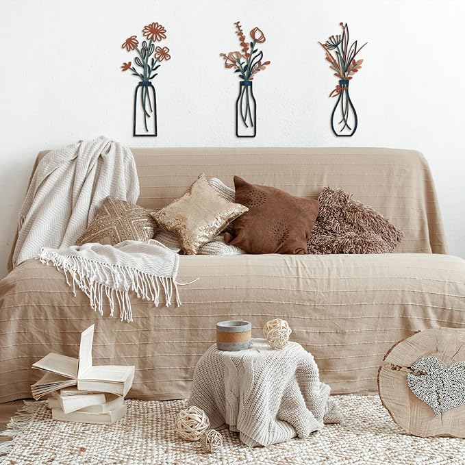 Pigort 3 Pieces Metal Flowers Wall Arts - Rustic Farmhouse Decor Minimalist Flower Wall Decors for Living Room Bathroom Bedroom Dining Room-Housewarming Gifts