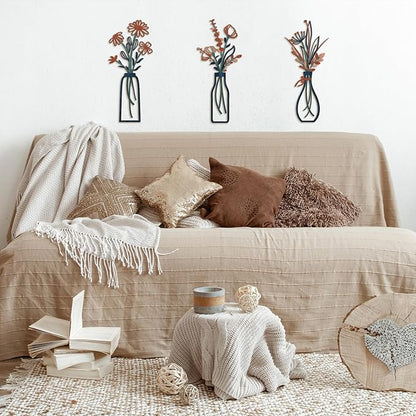 Pigort 3 Pieces Metal Flowers Wall Arts - Rustic Farmhouse Decor Minimalist Flower Wall Decors for Living Room Bathroom Bedroom Dining Room-Housewarming Gifts