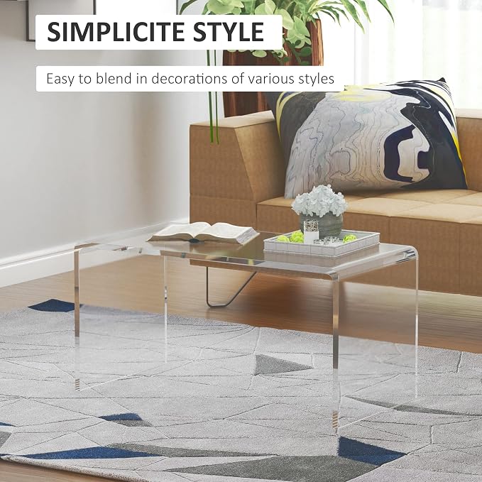HOMCOM 32" Acrylic Coffee Table, 0.6" Thick Rectangle Waterfall Center Table for Living Room, Modern, No Assembly Required, Clear