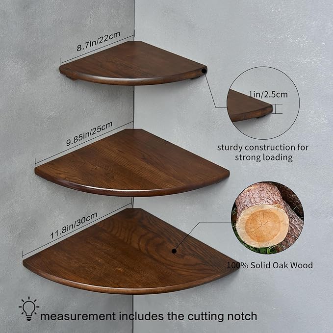 Conamily Corner Shelves, Floating Corner Shelf, Set of 3 Solid Oak Wood Corner Wall Shelves, Round End with Wire Hole Shelving for Small Plant for Bedroom Kitchen, Living Room (Size 9/10/12in)