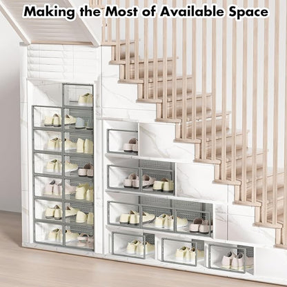 Foluck Shoe Storage Box, 15 Pack Clear Plastic Stackable Organizer for Closet, Interlocking Design Shoes Container Bins for Sneakers, Foldable Shoe Rack with Lids, Grey