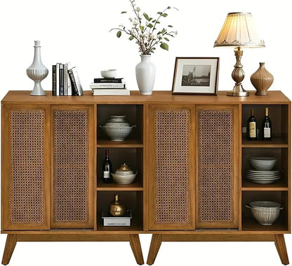 LKTART Mid Century Modern Storage Cabinet with Rattan Sliding Doors and Open Shelves, Boho Style Wooden Sideboard Buffet for Living Room,Light Walnut