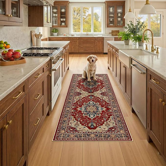 RELEANY Area Rugs Runner 2'x6' Washable Non-Slip, Floral Vintage Distress Medallion Carpet for Kitchen Hallway Bedroom Beside Laundry Room Bathroom, Red Blue
