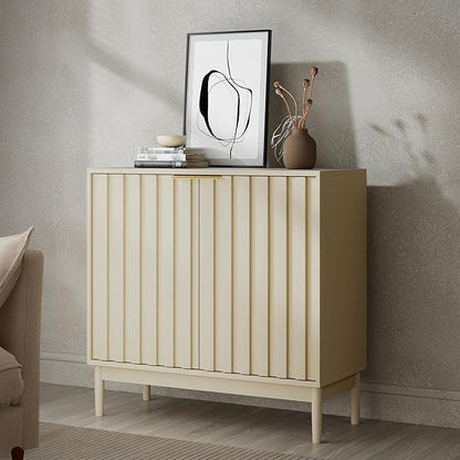 Fluted Cabinet with Storage, Buffet Cabinet Sideborad with 2 Doors, Beige Buffet Storage Accent Cabinets with Adjustable Shelves for Living Room, Entry, Hallway, Kitchen