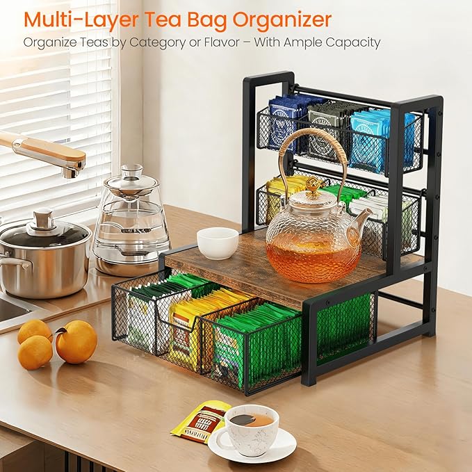 Homode Tea Bag Organizer, 3 Tier Tea Storage Container Box, Wood Tea Station Caddy, Teabag Holder Stand with Drawer Basket, Large Tea Chest Display Rack for Countertop Cabinet Office, Rustic Brown