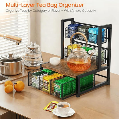 Homode Tea Bag Organizer, 3 Tier Tea Storage Container Box, Wood Tea Station Caddy, Teabag Holder Stand with Drawer Basket, Large Tea Chest Display Rack for Countertop Cabinet Office, Rustic Brown
