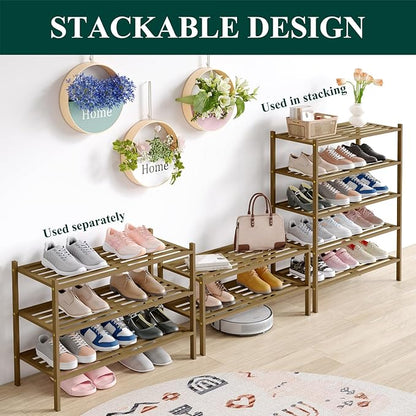 Smiry Bamboo Shoe Rack 2-Tier, Stackable Wooden Shoe Organizer for Entryway & Closet, Free Standing Wood Shoe Storage Shelf for Front Door & Small Spaces, Walnut