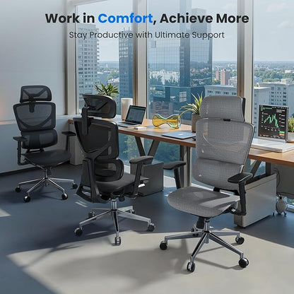 OdinLake L1 Ergo Upgrade 518 Grey Ergonomic Mesh Office Chair – Big & Tall 350lbs, Adjustable Lumbar Support, Seat Depth, Height, Headrest, Armrests, High Back Desk Chair