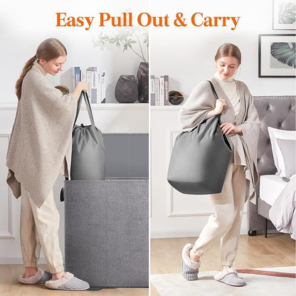 Lifewit Triple Laundry Hamper with Lid and Removable Laundry Bags, Large Collapsible 3 Dividers Dirty Clothes Basket with Handles for Bedroom, Laundry Room, Closet, Bathroom, College, 185L Gray