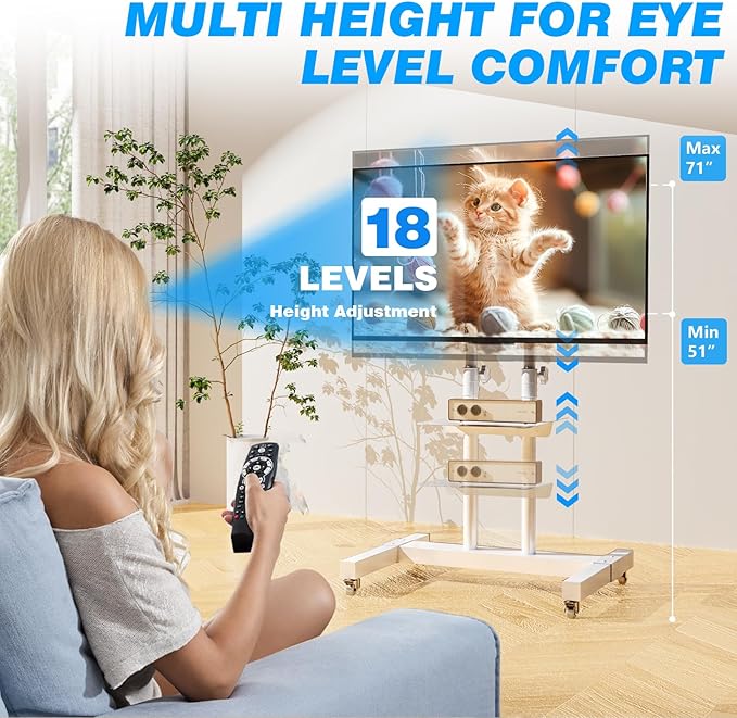 Rfiver Mobile TV Cart Rolling TV Stand for 32-83 Inch Screen Flat/Curved TVs up to 110lbs, Tilt and Height Adjustment Portable TV Stands on Wheel with Laptop Shelf, Outdoor TV Stand MAX VESA 600x400mm
