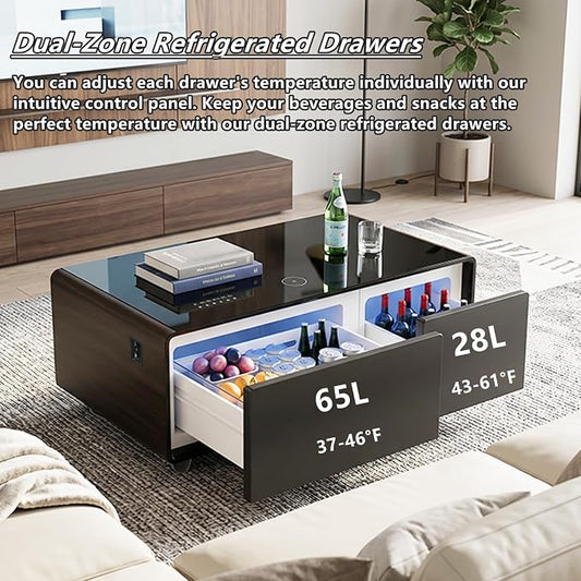 Smart Coffee Table with Fridge and Bluetooth Speakers, Smart Refrigerator Table with 15W Wireless Charger, Touch Control Panel, USB Port, Atmosphere Light and More, LT90 Pro-Brown