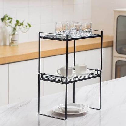 Shantton 2pk Kitchen Cabinet Shelf Counter Organizer Rack Pantry Storage Bathroom Bedroom Office Table Desk Space Saving Steel Frame Stackable Rust Resistant Non Slip Black-Tall-L13in W8.3in H9.5in