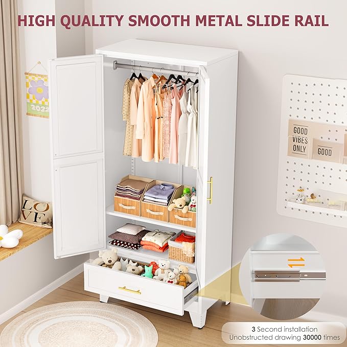 Steel Armoire Wardrobe Closet with 2 Doors, 71" Household Wardrobe Cabinet with Hanging Rod and Drawers, Metal Clothing Storage Cabinet with Adjustable Shelf for Bedroom, Cloak Room, Gym(White)