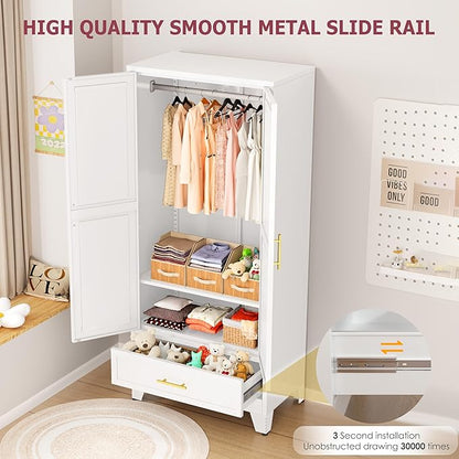 Steel Armoire Wardrobe Closet with 2 Doors, 71" Household Wardrobe Cabinet with Hanging Rod and Drawers, Metal Clothing Storage Cabinet with Adjustable Shelf for Bedroom, Cloak Room, Gym(White)