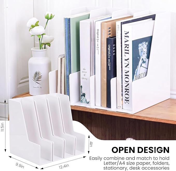 LALOBLUE Vertical Magazine File Holder, White, 4 Pack Folder Organizer | Plastic, Holds Magazines, Folders, Notebooks, Documents, 4 Section Vertical File Folder Holder, magazine file holder