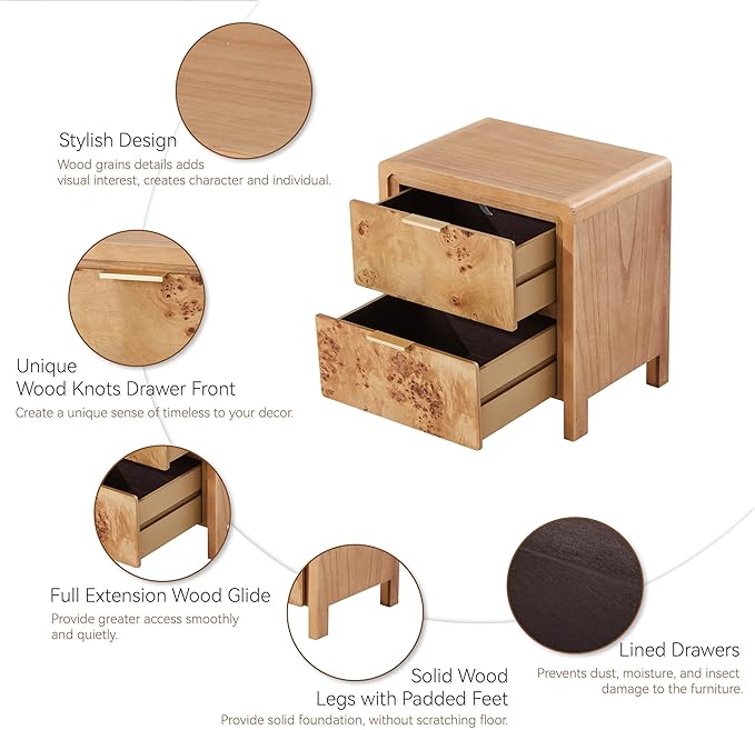 COZAYH Fully Assembled Farmhouse Nightstand with Drawer, Distressed Wood Retro Accent Bedside Table, Small Nightstand Organizer, Mid Century Modern End Table for Bedroom, Rustic, Burl