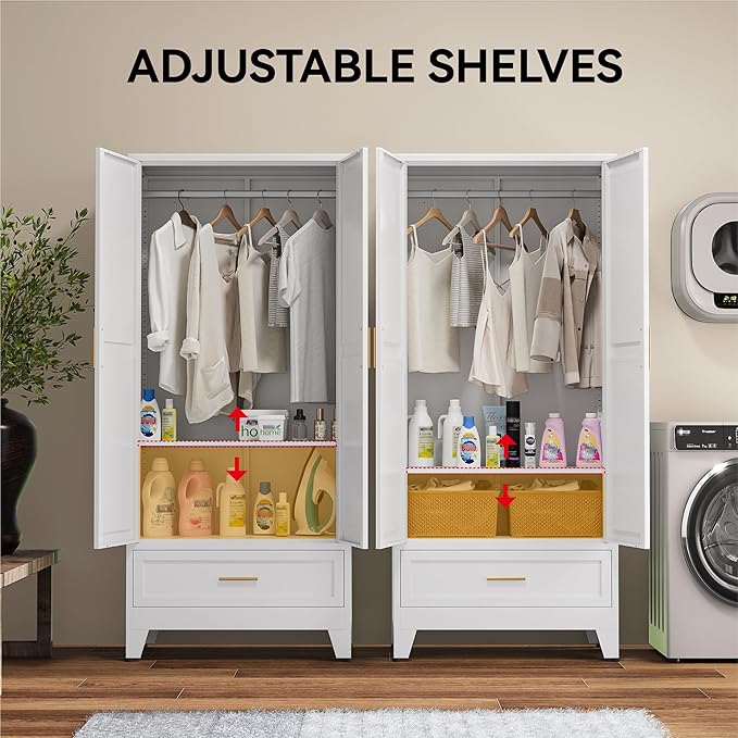 COFaR Wardrobe Closet, 71” Tall Metal Armoire with Hanging Rod, Adjustable Shelf & Drawer, Freestanding Steel Clothing Storage Cabinet with Doors for Bedroom, Office, Apartment (White)