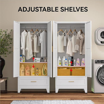 COFaR Wardrobe Closet, 71” Tall Metal Armoire with Hanging Rod, Adjustable Shelf & Drawer, Freestanding Steel Clothing Storage Cabinet with Doors for Bedroom, Office, Apartment (White)