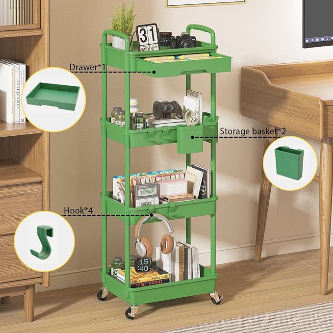LLMRR 4 Tier Rolling Utility Cart with Drawer, Plastic Storage Organizer Rolling Carts with Wheels Handles Hanging Cups Hooks for Office, Bathroom, Kitchen,Craft Art Room (Green)