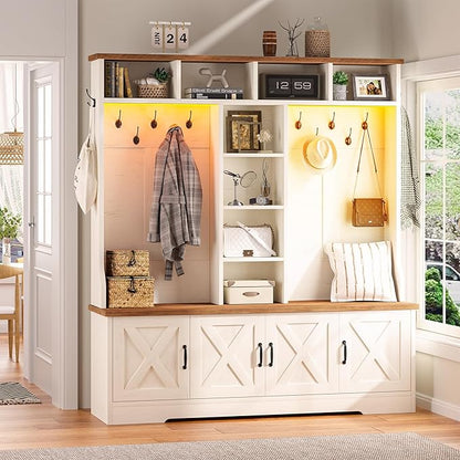 Hall Tree with Bench and Shoe Storage, Farmhouse Entryway Bench with Coat Racks and Led Lights, Large Hall Tree with 12 Coat Hooks, 8 Storage Cubbies, Adjustable Shelf
