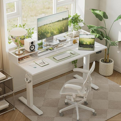 Agilestic Glass Standing Desk with Storage, 48 Inch Electric Adjustable Desk with Glass Shelf and Cable Management, Sit Stand Up Home Office Computer Table, Splice Board, White
