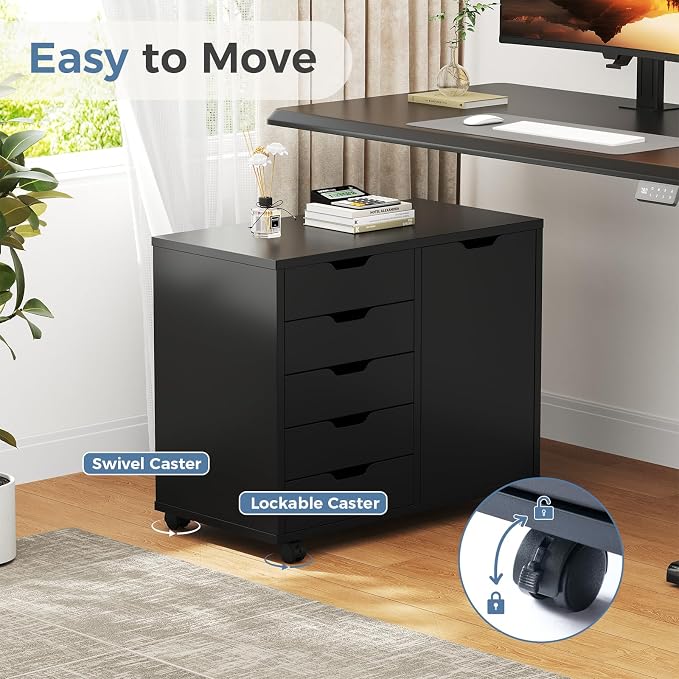 DUMOS 5 Drawer File Cabinet Office Drawers Organizer with Wheels, Under Desk Cabinets with Shelves and Door Printer Stand with Wood Board Metal Frame for Home Office Storage Craft Room, Classic Black