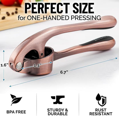 Zulay Kitchen Premium Garlic Press Set - Rust Proof Professional Garlic Mincer Tool - Easy-Squeeze, Easy-Clean with Soft, Ergonomic Handle - Silicone Garlic Peeler & Brush (Copper)