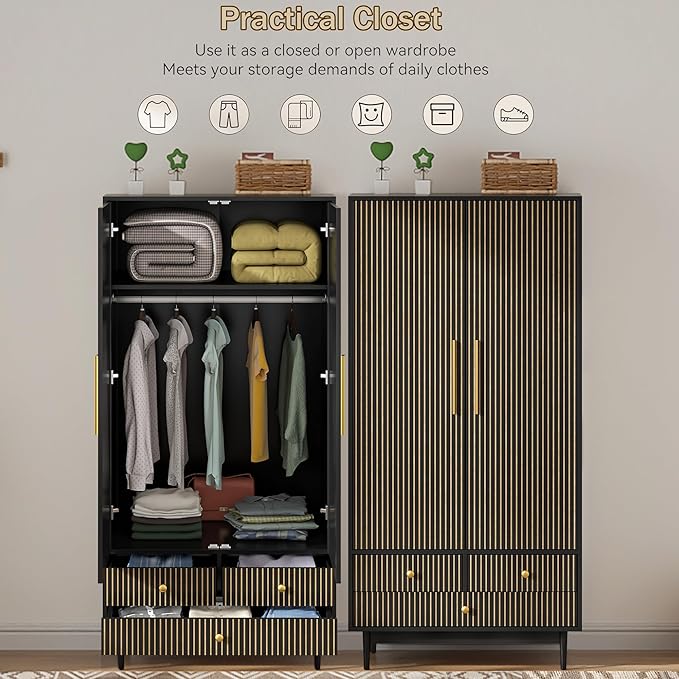 Armoire Wardrobe Closet with 2 Fluted Doors,64.96" Wooden Clothes Storage Cabinet with Hanging Rod and Shelf Storage,Wardrobe Cabinet with 3 Drawers,Freestanding Closet for Bedroom (Black)
