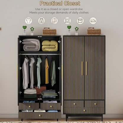 Armoire Wardrobe Closet with 2 Fluted Doors,64.96" Wooden Clothes Storage Cabinet with Hanging Rod and Shelf Storage,Wardrobe Cabinet with 3 Drawers,Freestanding Closet for Bedroom (Black)
