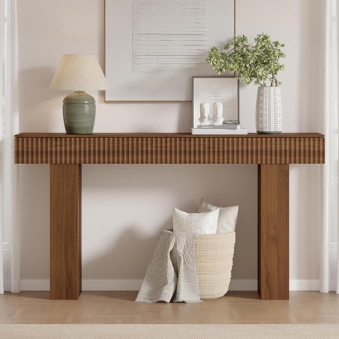 63-Inch Long Entryway Console Table with a Fluted Design, Thick Wood Farmhouse Sofa Table Behind Couch, Narrow Hallway Accent Table for Living Room, Foyer, Entrance,Modern Walnut