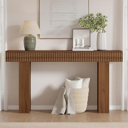 63-Inch Long Entryway Console Table with a Fluted Design, Thick Wood Farmhouse Sofa Table Behind Couch, Narrow Hallway Accent Table for Living Room, Foyer, Entrance,Modern Walnut