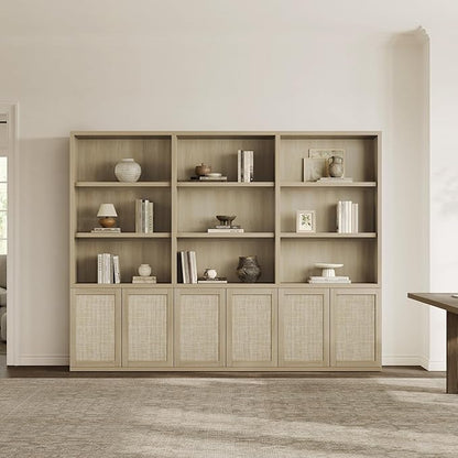 SICOTAS 70.5" Tall Bookshelf - 5-Tier Rattan Bookcase with Storage Cabinet Large Farmhouse Book Shelves with Doors, Boho Bookshelves for Living Room Home Office Library(Sand Oak, 3 Pieces)
